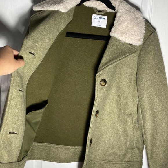 Old Navy Women's Soft-Brushed Sherpa-Trim Jacket Button Up Satin Moss XS New - Picture 3 of 15